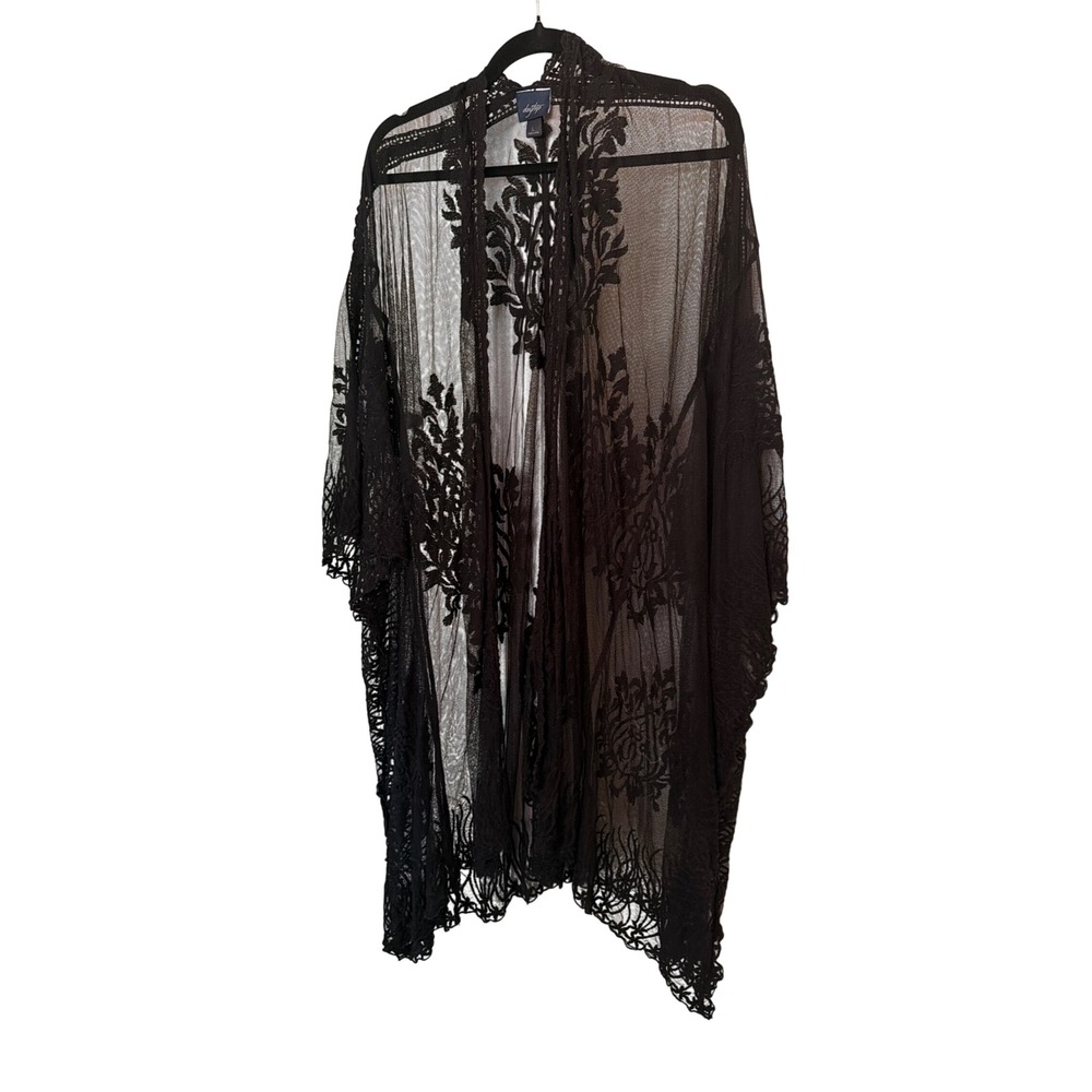 Daytrip Kimono Wrap Black Floral Embroidered Sheer Mesh Lace Open Front Boho L